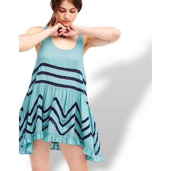 Free People Aqua Voile & Lace Tiered Ruffle Hem Polka Dot Mini Slip Dress Tunic - Picture 1 of 14